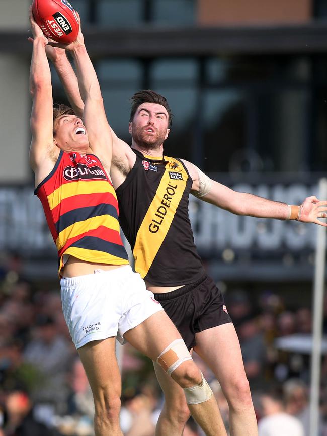 Adelaide’s Josh Worrell leaps high to mark in front of Glenelg’s Liam McBean at the Bay on Saturday. Picture: Dean Martin