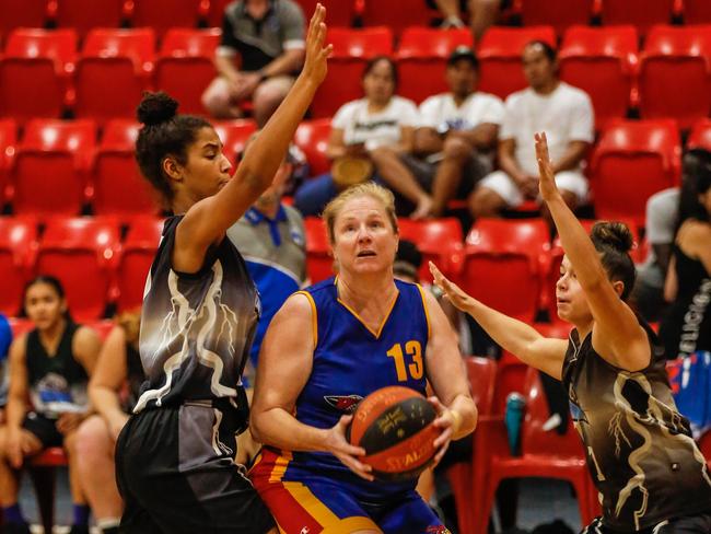 Lightning’s April Rummery Lamb finished with an impressive 24 points and 13 rebounds against Tracy Village. Picture Glenn Campbell