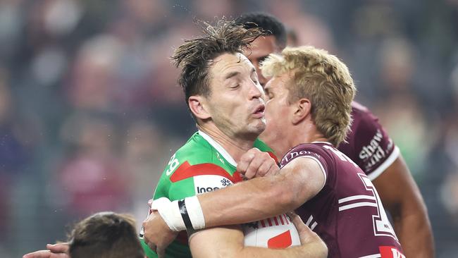 Cameron Murray of the Rabbitohs is tackled during the round one NRL match between Manly Sea Eagles and South Sydney Rabbitohs at Allegiant Stadium, in Las Vegas, Nevada. Picture: Ezra Shaw/Getty Images