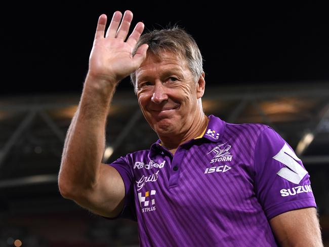 BRISBANE, AUSTRALIA - OCTOBER 03: Craig Bellamy, coach of the Storm,  celebrates after the NRL Qualifying Final match between the Melbourne Storm and the Parramatta Eels at Suncorp Stadium on October 03, 2020 in Brisbane, Australia. (Photo by Bradley Kanaris/Getty Images)