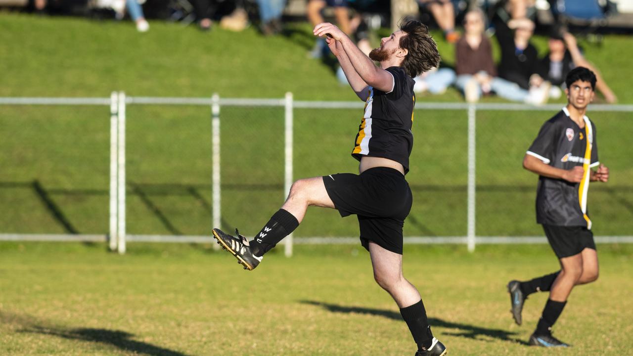 Ryan Knight of West Wanderers against Willowburn in FQPL Men Darling Downs Presidents Cup football at West Wanderers, Sunday, July 24, 2022. Picture: Kevin Farmer