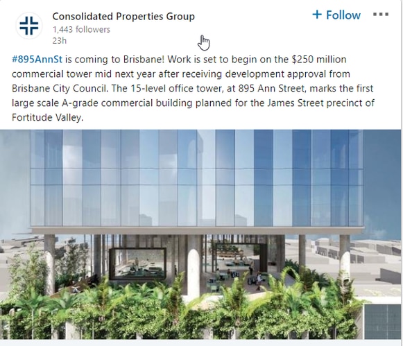 Linkedin post by Consolidated Properties about its development at 895 Ann St, Fortitude Valley.