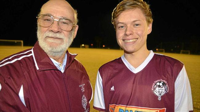 Warwick Wolves coach Bernie Lopez with striker Nick Spence after he netted three goals against USQ. Picture: Gerard Walsh