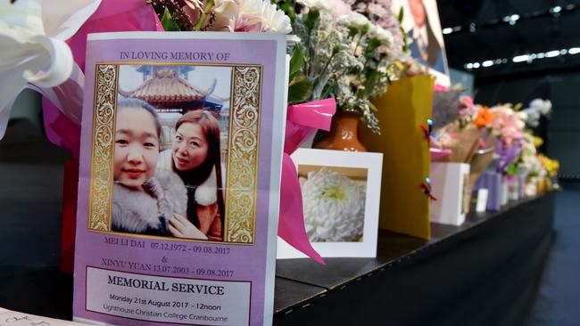 Funeral for car crash victims Xinyu Yuan and mother Ma Li Dai at the Lighthouse Christian College in Cranbourne East. Picture: Jay Town