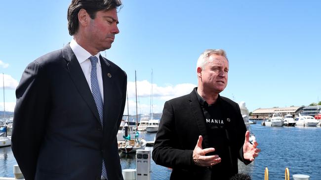 Gill McLachlan with Tasmanian Premier Jeremy Rockliff. AFL CEO Gill McLachlan in Hobart ahead of a decision for Tasmania's own AFL team. Picture: Nikki Davis-Jones