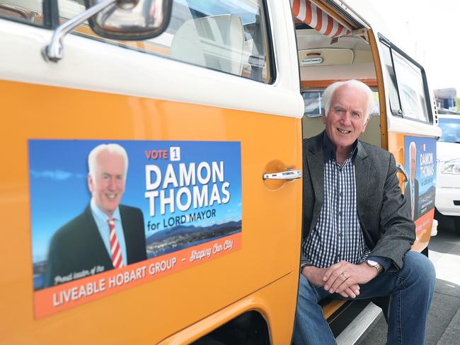 Damon Thomas with his campaign car Daphnee the Kombi. Picture: SAM ROSEWARNE.