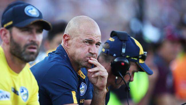 An unhappy Eels coach Brad Arthur watches on from the sideline. Picture: Phil Hillyard