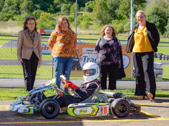 READY TO RACE: New kart racer Riley Grande with L - R Lismore MP Janelle Saffin, Secretary of Lismore Kart Club Kim Dhu, President Lismore Kart Club Diana Smith and Shadow Minister for Sport and Recreation the Hon Lynda Voltz MP.