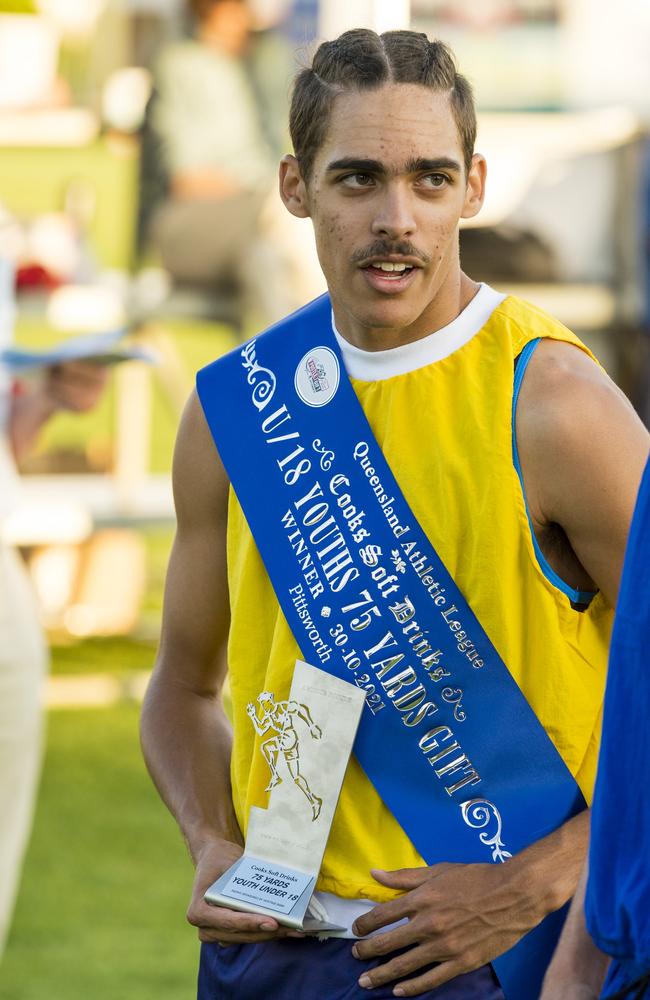 Toowoomba runner Leroy Dempsey after winning the U18 Youths 75 yards gift on 2021 Postle Gift Raceday at Club Pittsworth, Saturday, October 30, 2021. Picture: Kevin Farmer