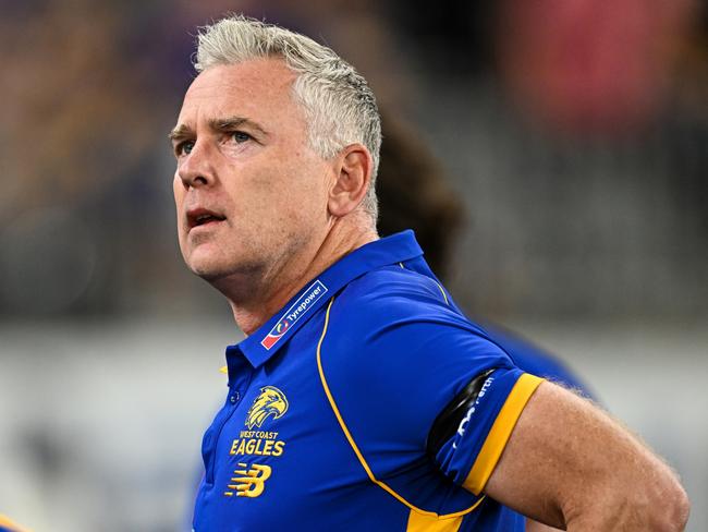 PERTH, AUSTRALIA - APRIL 20: Adam Simpson, Senior Coach of the Eagles addresses the players at the break during the 2024 AFL Round 06 match between the West Coast Eagles and the Fremantle Dockers at Optus Stadium on April 20, 2024 in Perth, Australia. (Photo by Daniel Carson/AFL Photos via Getty Images)