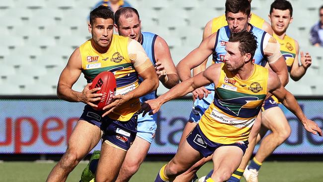 Eagles Jared Petrenko and James Boyd on the attack in last season’s preliminary final loss to Sturt. Picture Sarah Reed.