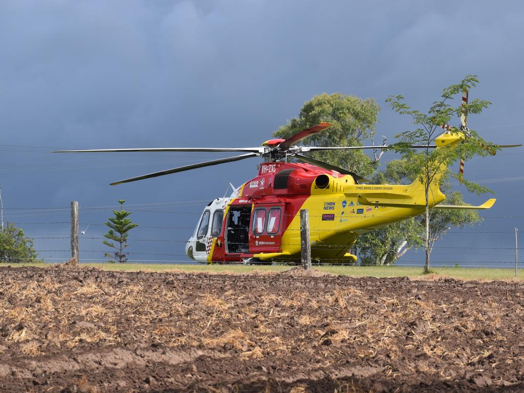 The Westpac Rescue Helicopter landed in a nearby paddock after a man was seriously injured in a single vehicle crash on Rogans Bridge Rd north of Waterview Heights on Thursday, 18th February, 2021. Photo Bill North / The Daily Examiner