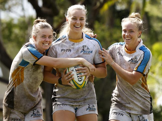 DAILY TELEGRAPH FEBRUARY 27, 2022. The newly formed Burraneer Womens Rugby Club is a female only club which just won the Kiama Sevens tournament. Players from left Olivia Brooks, Paige McKeown and Tiarne Cavanagh at John Dwyer Oval in Caringbah. Picture: Jonathan Ng