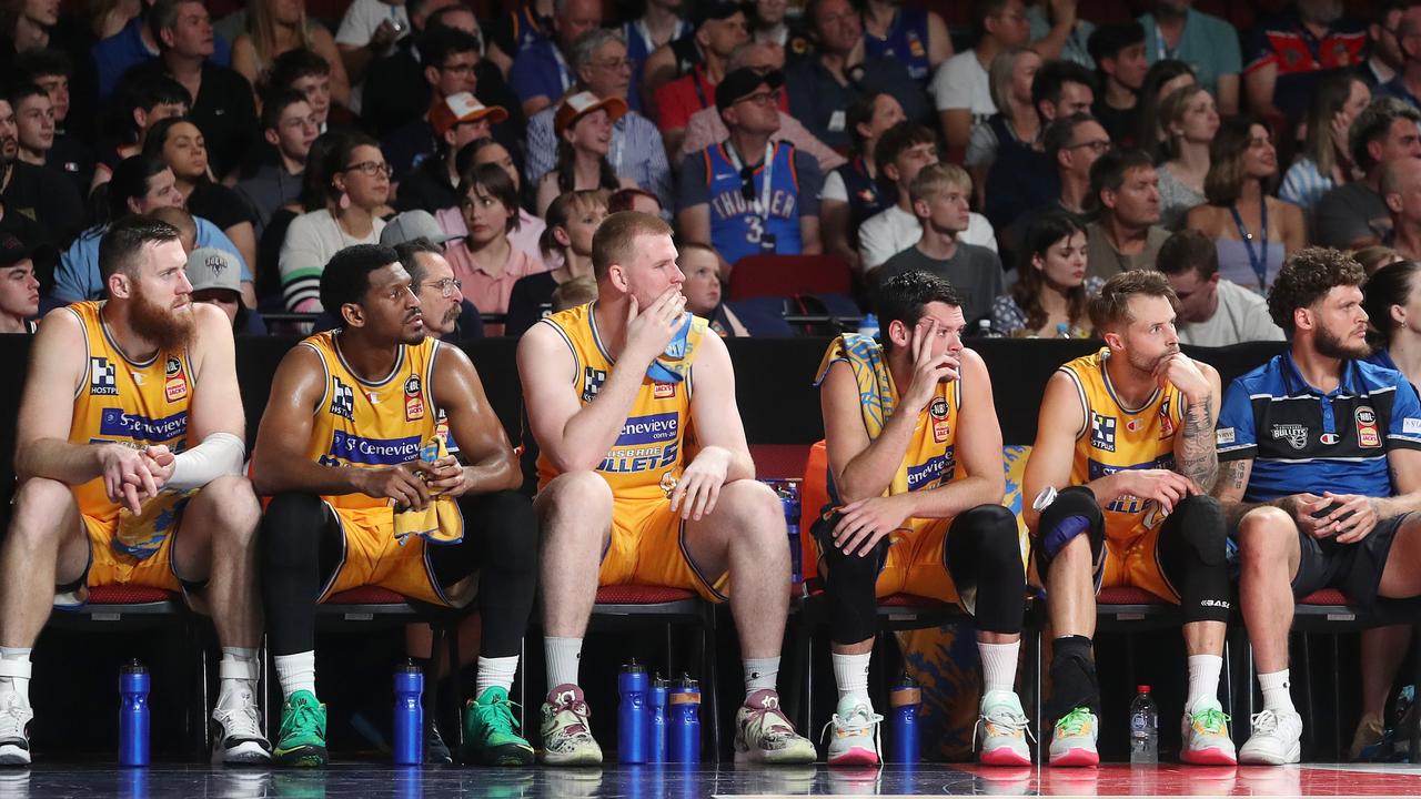 Brisbane Bullets players watch on as the Adelaide 36ers charged to a commanding win last round. Picture: Getty Images