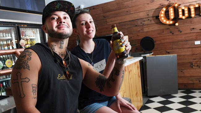 The Beachfront hotel is included in Darwin's best pubs, Jamie Caloyon-Rogers and Alex Harley kick back and enjoy a few beers. PIC KATRINA BRIDGEFORD.