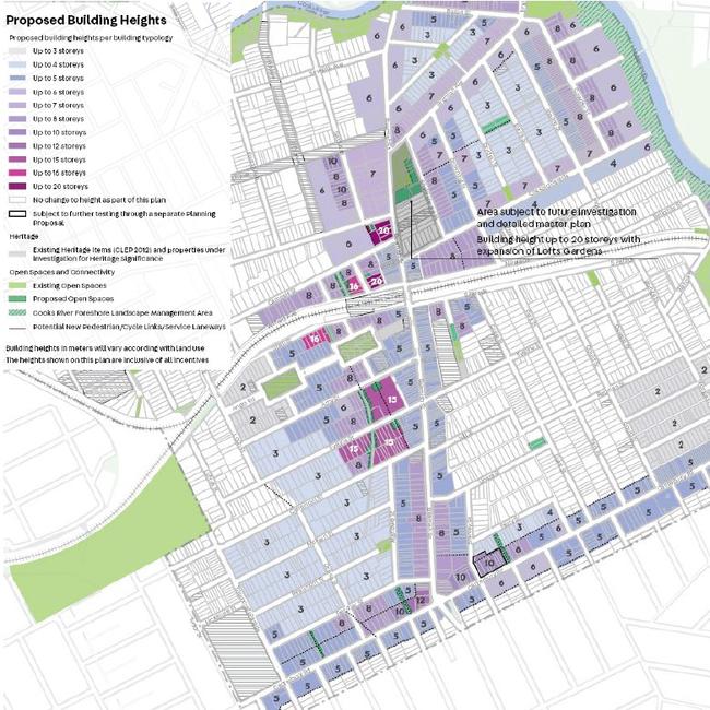 This map shows the proposed building heights allowed in Campsie under the town centre proposal of August 2022. The numbers correspond to building storey limits, while the uncoloured sections will be unchanged. Picture: Canterbury-Bankstown Council