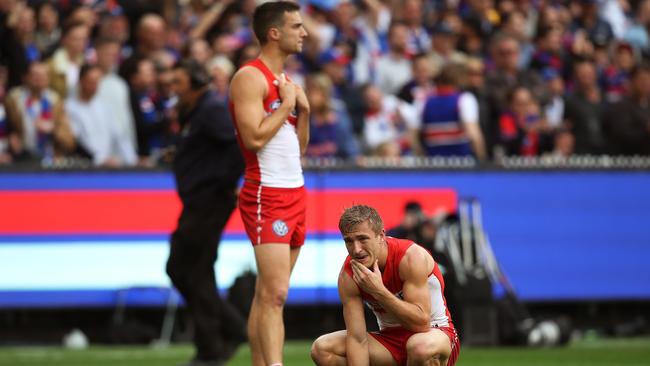 Sydney's Kieren Jack and Xavier Richards after the loss to the Western Bulldogs in the 2016 grand final. Picture. Phil Hillyard