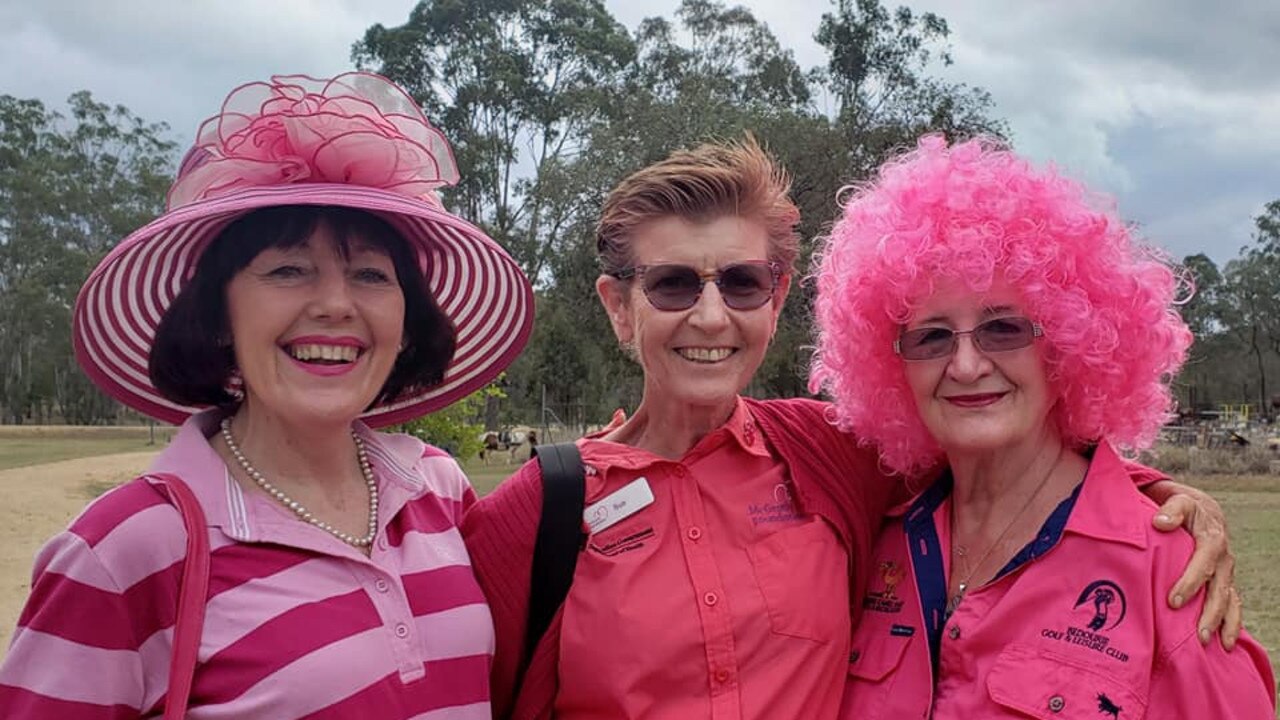 PRETTY IN PINK: Kathy Duff, Sue Cox and Margaret Westerman. at Proston's Pinknic in the Park.