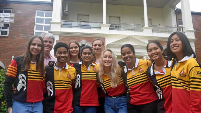 Rockhampton Grammar School headmaster Dr Phillip Moulds with former year 12 students. Picture: Leighton Smith