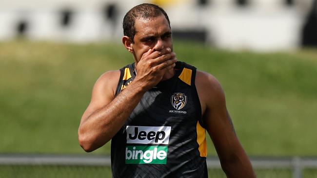 Chris Yarran looks on after running drills during a Richmond training session on Monday.