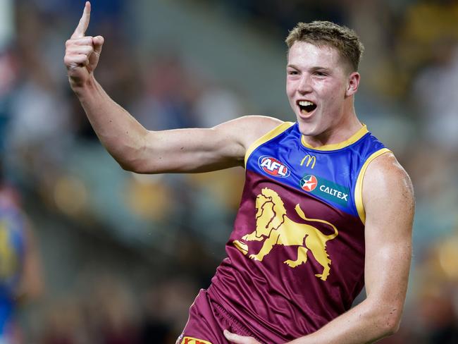 BRISBANE, AUSTRALIA - MAY 05: Logan Morris of the Lions celebrates a goal during the 2024 AFL Round 08 match between the Brisbane Lions and the Gold Coast SUNS at The Gabba on May 05, 2024 in Brisbane, Australia. (Photo by Russell Freeman/AFL Photos via Getty Images)