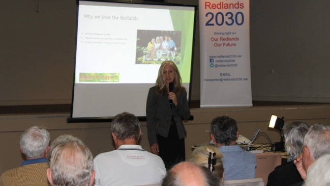 Redland City Council 2020 mayoral candidate Claire Richardson addresses a full house at Redland Bay Community Hall at the second of two candidate forums held by Redlands2030. Picture: Kara Sonter