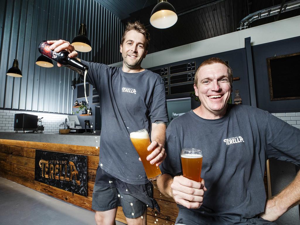 Brewers Torren Read and Brandt Bamford at Australia's first self-sustainable brewery, Terella Brewing at North Arm. Picture: Lachie Millard