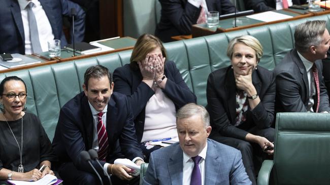 Leader of the Opposition Anthony Albanese with frontbenchers during Question Time in the House of Representatives. Picture: Gary Ramage