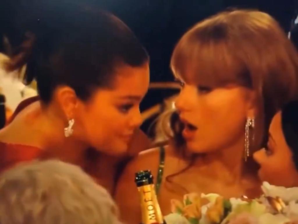 Taylor Swift, Selena Gomez share gossip at the Golden Globes, 2024. Picture: Twitter / Supplied