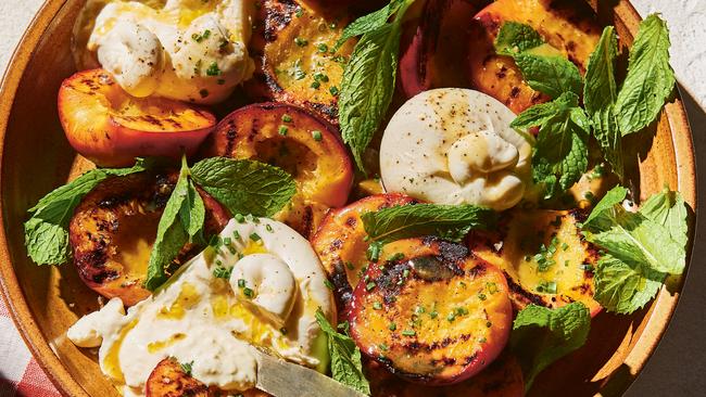 Grilled peach salad with burrata and green peppercorns from Salad for Days by Alice Zaslavsky.