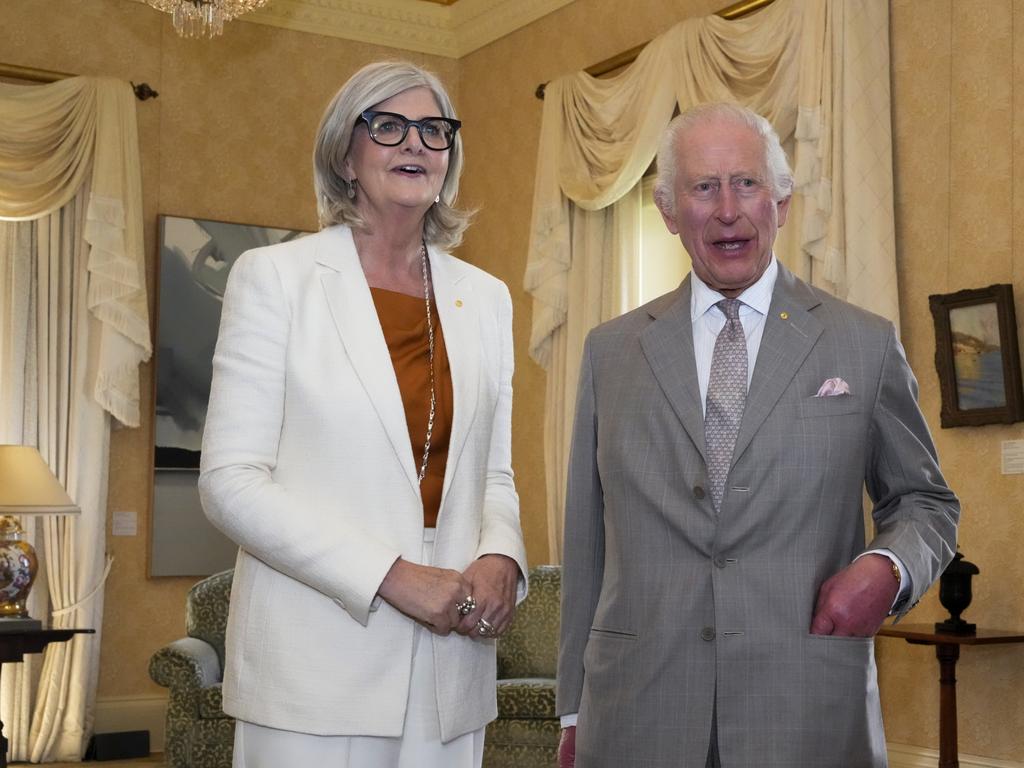 King Charles III greets Governor-General of Australia Sam Mostyn at Admiralty House. Picture: Getty