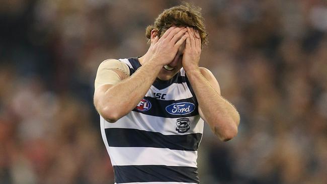 Jed Bews ruing a missed shot at goal against Sydney in the preliminary final. Picture: Michael Klein