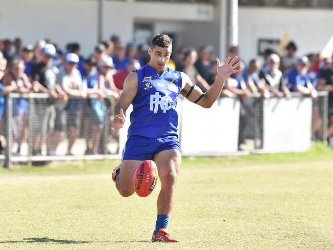 Luke Hewitt of Hastings in action during the MPNFL Div 2 match in Hastings, Melbourne, Saturday, April 20, 2019. MPNFL Div 2 v Devon Meadows V Hastings. (AAP Image/James Ross) NO ARCHIVING