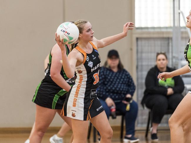 Sophia Dobson of Carina Tigers against Darling Downs Panthers in Queensland Ruby Series netball at Downlands College, Saturday, May 15, 2021. Picture: Kevin Farmer