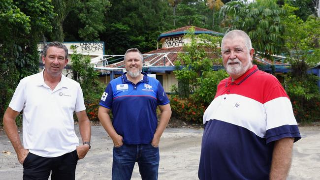 Barron River MP Craig Crawford, Division 9 councillor Brett Olds and Advance Palm Cove president Robert Van Den Hoven want to see the old Cairns Tropical Zoo site repurposed for a state school, among other uses. Picture: Brendan Radke