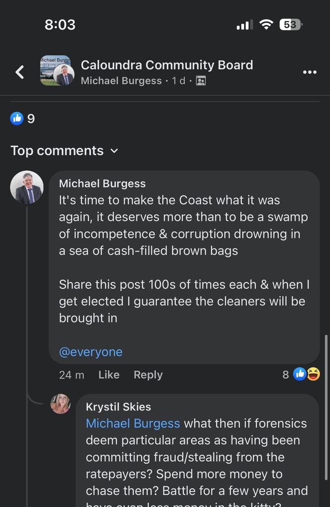 Sunshine Coast mayoral candidate Michael Burgess has received criticism for tagging all members of the Caloundra Community Board in a comment on a Facebook post.