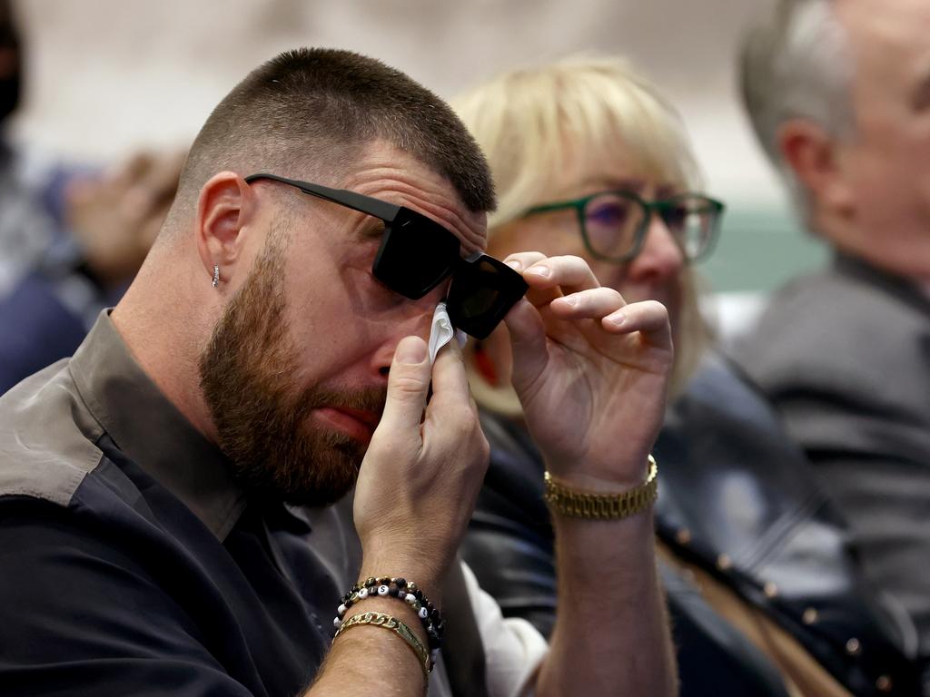 Travis Kelce #87 of the Kansas City Chiefs reacts during his brother, Jason's, retirement from the NFL at NovaCare Complex on March 04, 2024 in Philadelphia, Pennsylvania. Picture: Getty Images