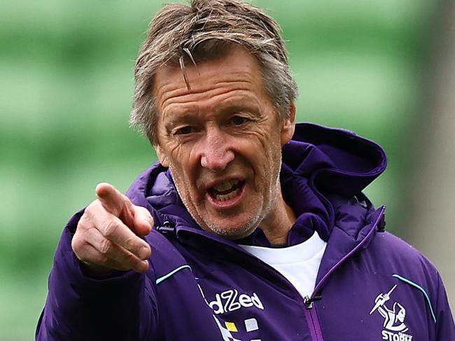 MELBOURNE, AUSTRALIA - AUGUST 23: Storm Coach Craig Bellamy gives instructions during a Melbourne Storm NRL media opportunity at AAMI Park on August 23, 2022 in Melbourne, Australia. (Photo by Graham Denholm/Getty Images)