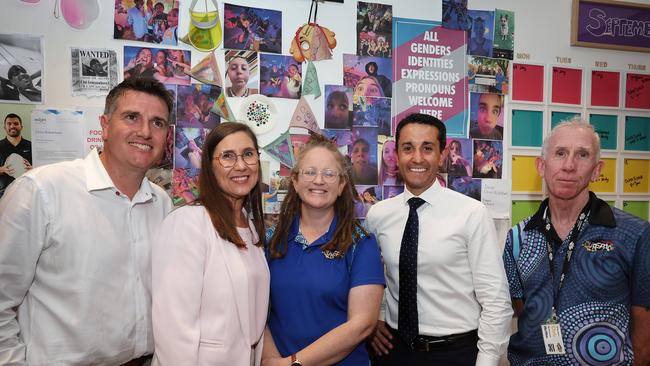 LNP candidate for Keppel Nigel Hutton, Donna Kirkland LNP candidate for Rockhampton, Jess Conway, Leader of the Opposition David Crisafulli, and Chris Robertson, during a visit to Our Space, Stockland Rockhampton Shopping Centre. Picture: Liam Kidston.