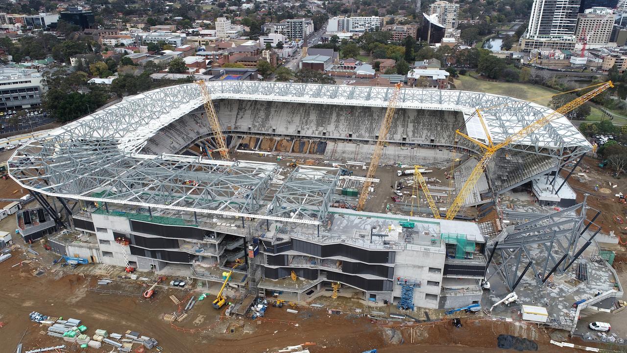 An aerial view of construction of Western Sydney Stadium at Parramatta.