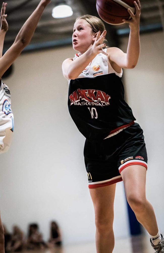 Skye Vaughan, 13, playing basketball for the Mackay Meteorettes. Picture: Contributed