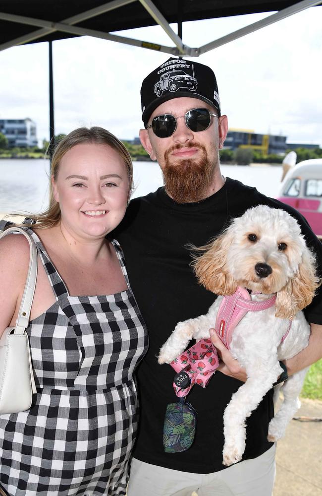 Lauren and Ben Brockie with their dog Winnie at Picnic by the Lake, Kawana. Picture: Patrick Woods.