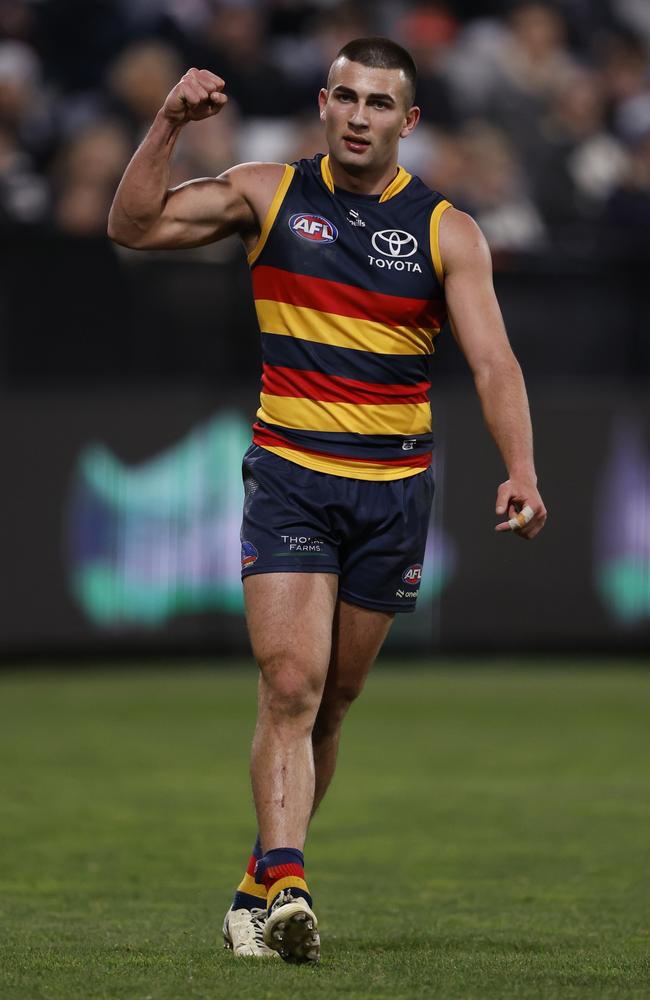 GEELONG, AUSTRALIA - AUGUST 03: Josh Rachele of the Crows celebrates a goal during the round 21 AFL match between Geelong Cats and Adelaide Crows at GMHBA Stadium, on August 03, 2024, in Geelong, Australia. (Photo by Darrian Traynor/Getty Images)