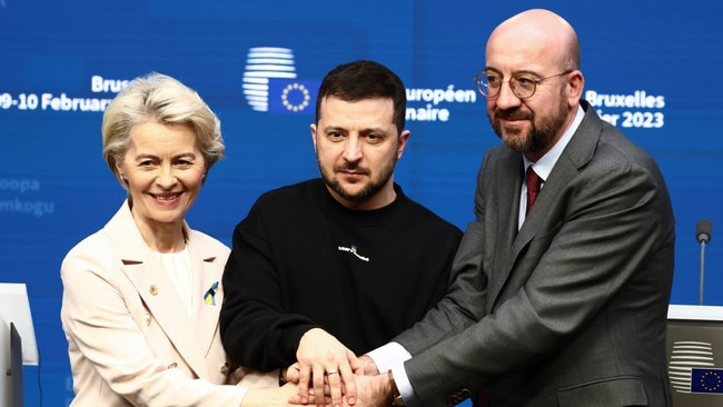 When Zelensky visited Ursula von der Leyen, Charles Michel and the European parliament in 2022, the English-language interpreter’s voice choked with emotion as he translated. Picture: Stephanie Lecocq/EPA