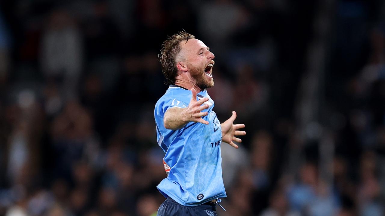 Sydney FC’s Rhyan Grant celebrates his team’s win over the Wanderers. Picture Brendon Thorne/Getty Images