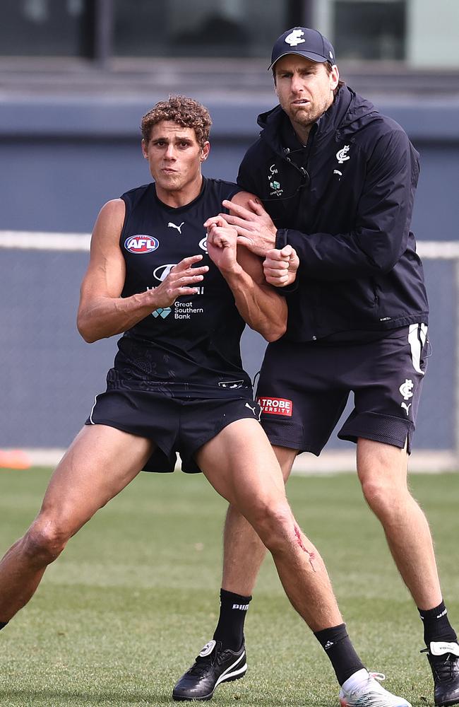 Tom Lonergan has joined Carlton as he works here with Charlie Curnow. Picture by Michael Klein