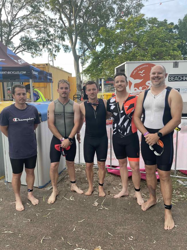 Tim Zimitat, Nathan Christensen, Josh Zimitat, Dr Sean Peckover and Brenden Motley at the Hervey Bay 100 Triathlon on Sunday, November 26, 2023.