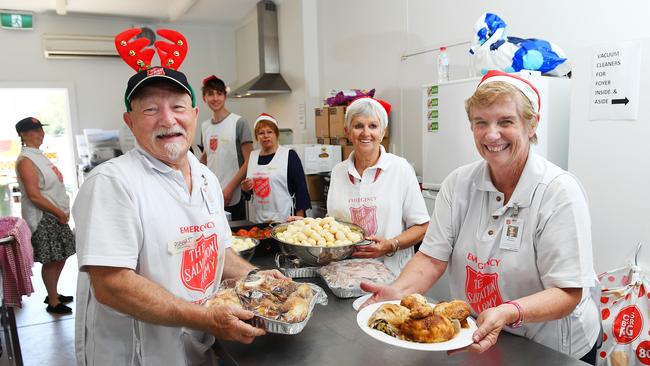 Salvation Army volunteers Robert Adami, Marg Banning and Denise Skeldon in the kitchen preparing the Salvation Army Christmas Lunch at Gumeracha Oval on Christmas Day. Picture: Mark Brake