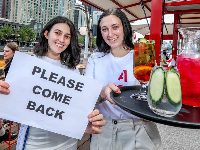 Cheyenne Morgan-Paliothodoros and Isabella McSwain at Arbory Afloat. 5 different businesses hoping more people will come back to the CBD soon, especially businesses that rely on office workers.  Picture: Tim Carrafa