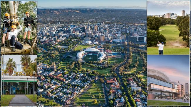 The Adelaide parklands and some of its developments, clockwise from top left: the Tree Climb, North Adelaide Golf Course, Adelaide Oval Hotel and Adelaide Aquatic Centre.